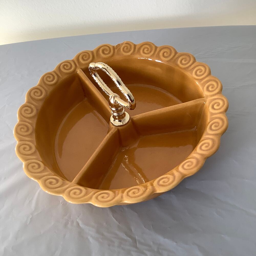 Vintage CALIF USA 267 Ceramic Mustard Yellow With Gold Handle 3 Divided Dish